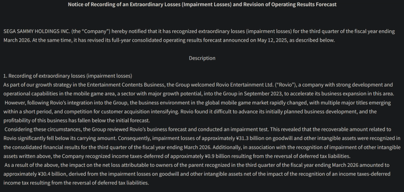 Screenshot of a Sega Sammy financial notice detailing a 31.3 billion yen impairment loss, blaming "rapidly changing" mobile markets for their catastrophic Angry Birds acquisition.