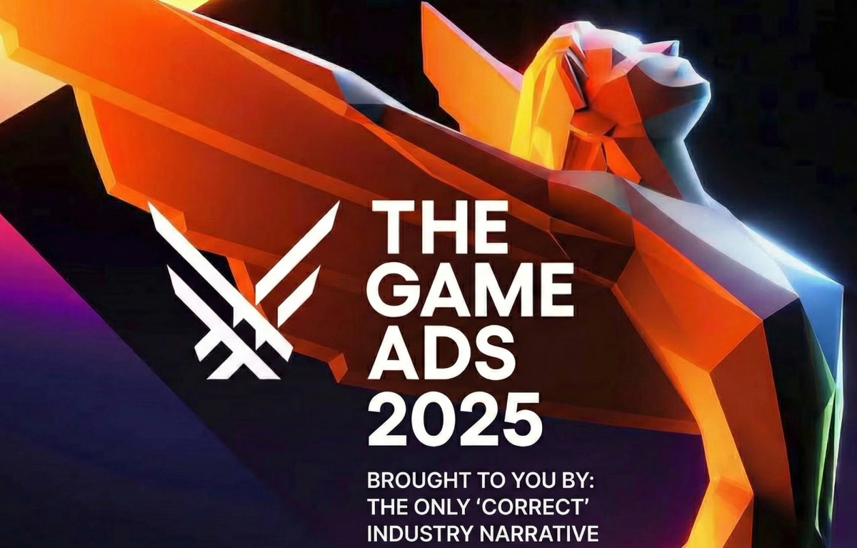 Satirical image branding The Game Awards 2025 as "The Game Ads," reflecting the post's critique of the event as a marketing engine for enforced industry narratives over genuine risk.