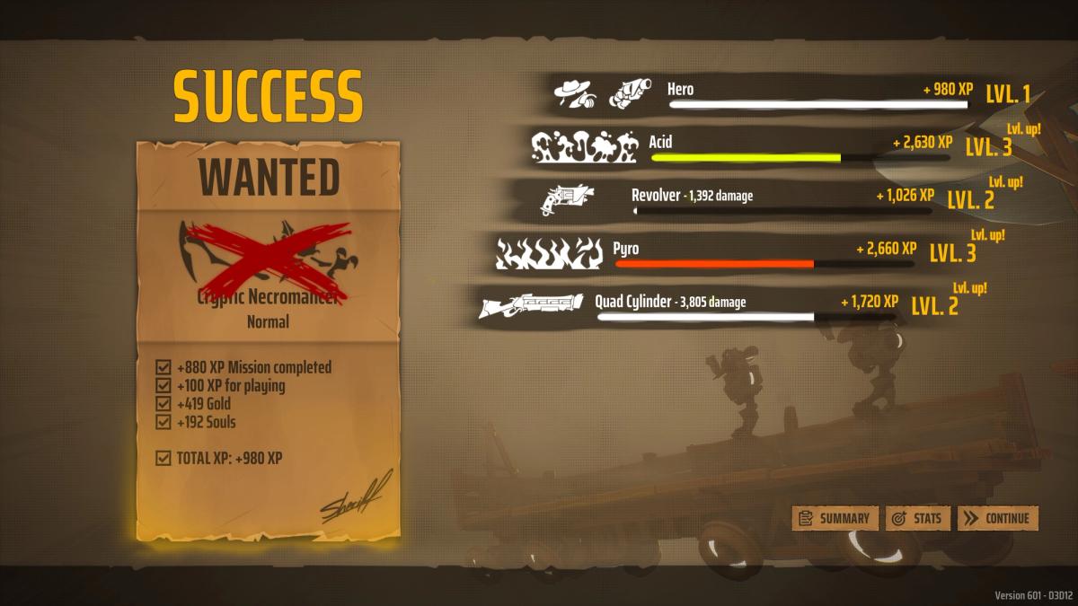Far Far West mission success screen showing the Cryptic Necromancer bounty completion, earned XP, gold, souls, and weapon progression bars for a typical roguelite run.