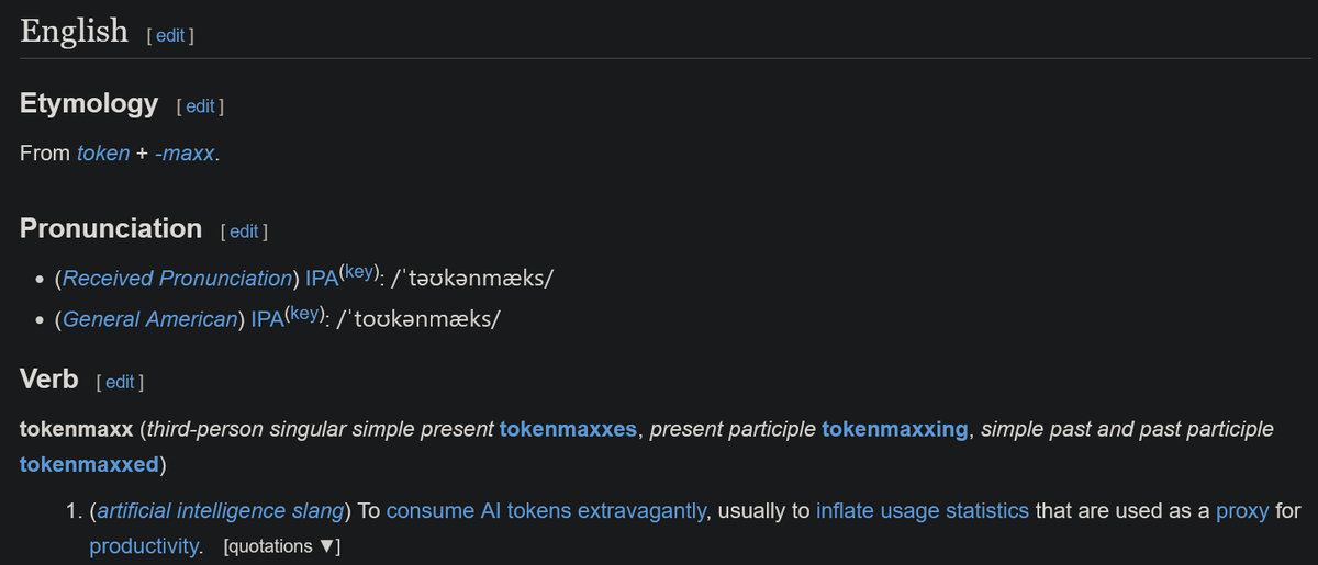 Screenshot of a dictionary definition for the AI slang term tokenmaxxing, defining it as extravagantly consuming AI tokens to inflate usage statistics as a fake proxy for productivity.