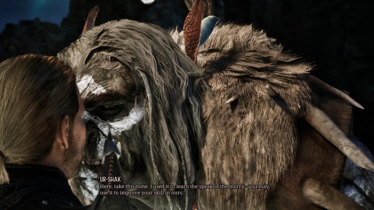 Bugged close-up conversation with Ur-Shak in Gothic 1 Remake, showing the orc’s face clipping awkwardly into the camera during dialogue.