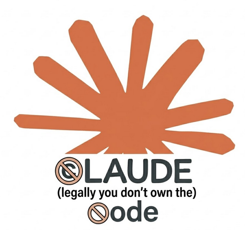 A parody logo of Anthropic Claude Code featuring crossed-out copyright symbols, reading Claude legally you don't own the Code, mocking their recent source map leak and hypocritical DMCA takedowns.