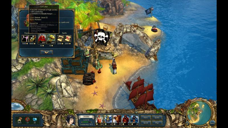 Gameplay screenshot from King's Bounty: Crossworlds showing the 'Cat Collar' item for sale in a pirate shop. The UI displays hero stats and the Princess Set item bonus.