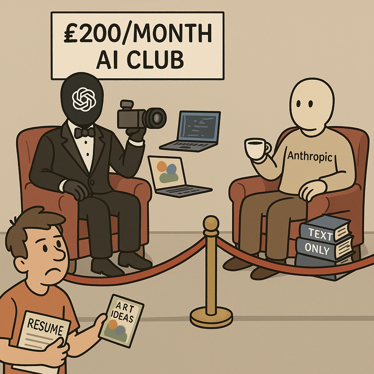 Cartoon comparing £200 AI club subscriptions: OpenAI logo figure in tuxedo with camera and laptops vs Anthropic figure with 'TEXT ONLY' books, representing ChatGPT Pro multimedia vs Claude text features behind velvet rope.