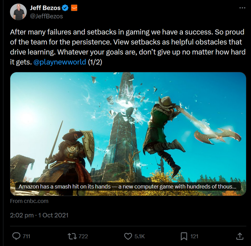 The now-infamous tweet from Jeff Bezos on 1 October 2021, prematurely celebrating Amazon's New World as a 'success' and a 'smash hit' before the company's mass layoffs and the game's eventual failure.