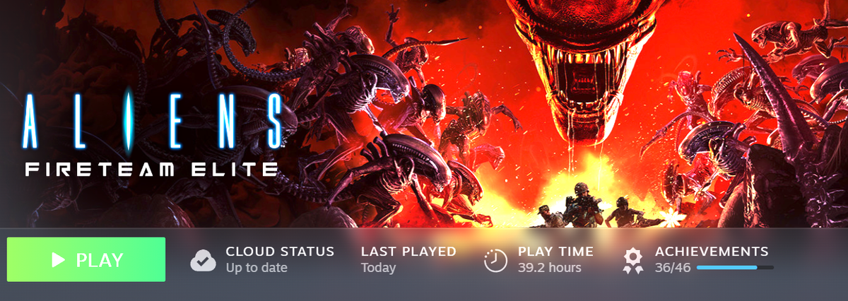 Aliens Fireteam Elite Steam library banner showing 39 hours of play time and 36 achievements unlocked.
