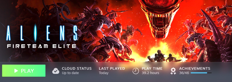Aliens Fireteam Elite Steam library banner showing 39 hours of play time and 36 achievements unlocked.