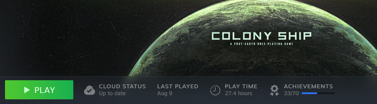 Steam library page for Colony Ship: A Post-Earth Role Playing Game showing 27.4 hours played and 33 of 70 achievements.