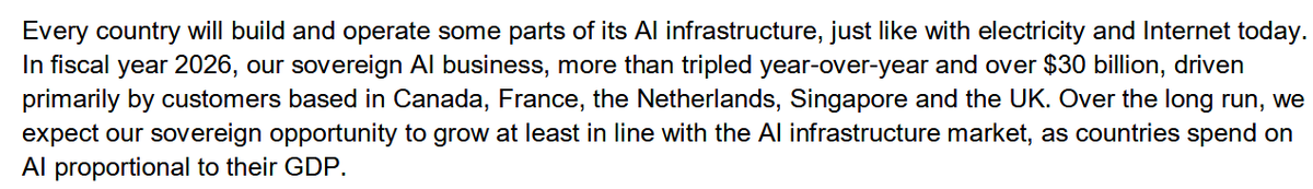 Screenshot of an Nvidia earnings transcript detailing how their sovereign AI revenue tripled to over $30 billion in fiscal year 2026, listing Canada, France, the Netherlands, Singapore, and the UK as the primary buyers.