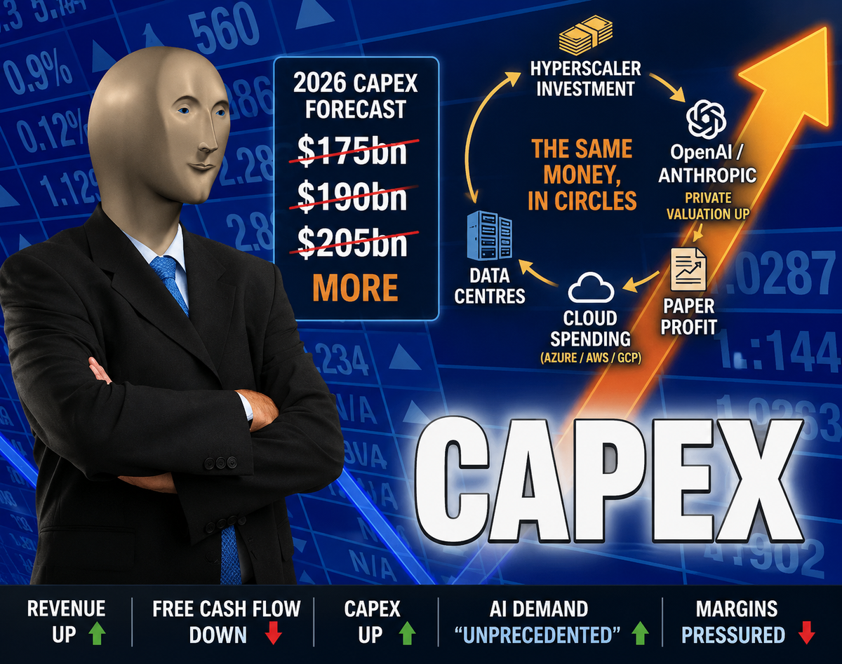 Stonks-style CAPEX meme showing a suited mannequin beside endlessly revised 2026 spending forecasts, a rising orange arrow and the circular flow between hyperscaler investment, AI labs, cloud spending, private valuations and paper profit.