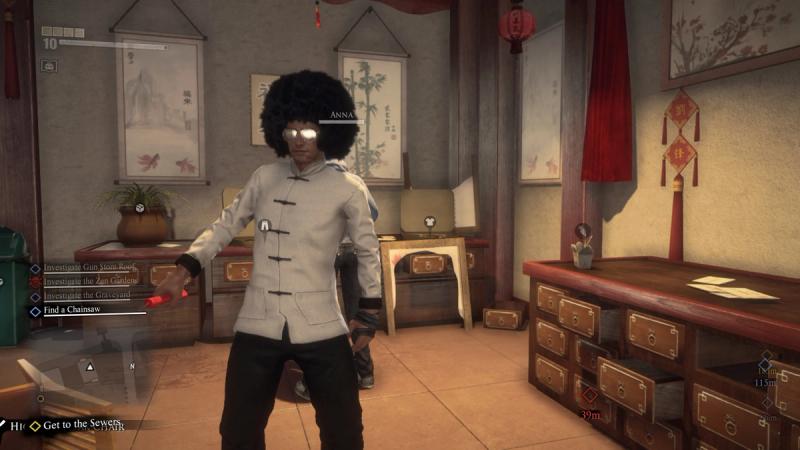 A screenshot from a Dead Rising 3 review showing the player character, Nick Ramos, wearing a ridiculous outfit of a kung fu jacket, an afro wig, and aviator sunglasses while holding dynamite. The image highlights the creative freedom and absurdity absent from many modern games.