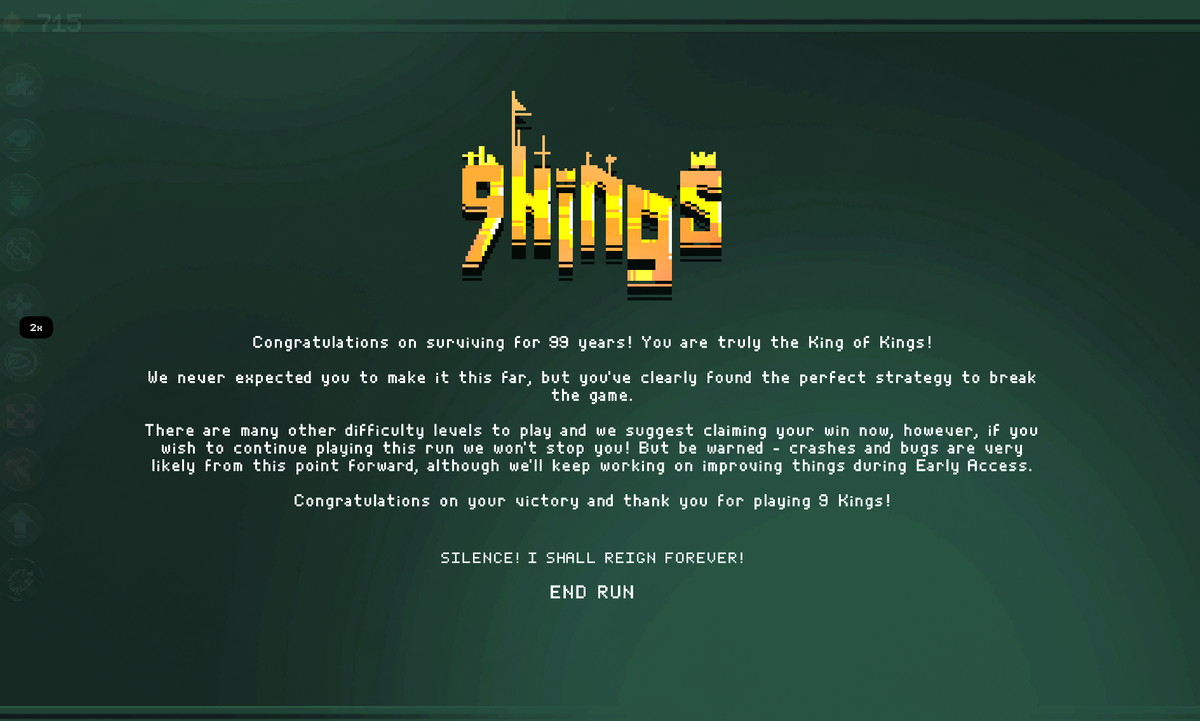 9 Kings 99 years victory screen showing a developer warning about early access game crashes and bugs.