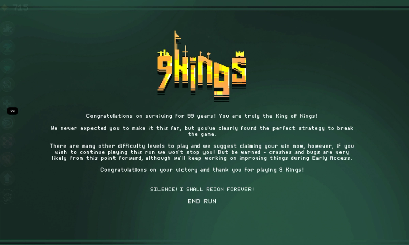 9 Kings 99 years victory screen showing a developer warning about early access game crashes and bugs.
