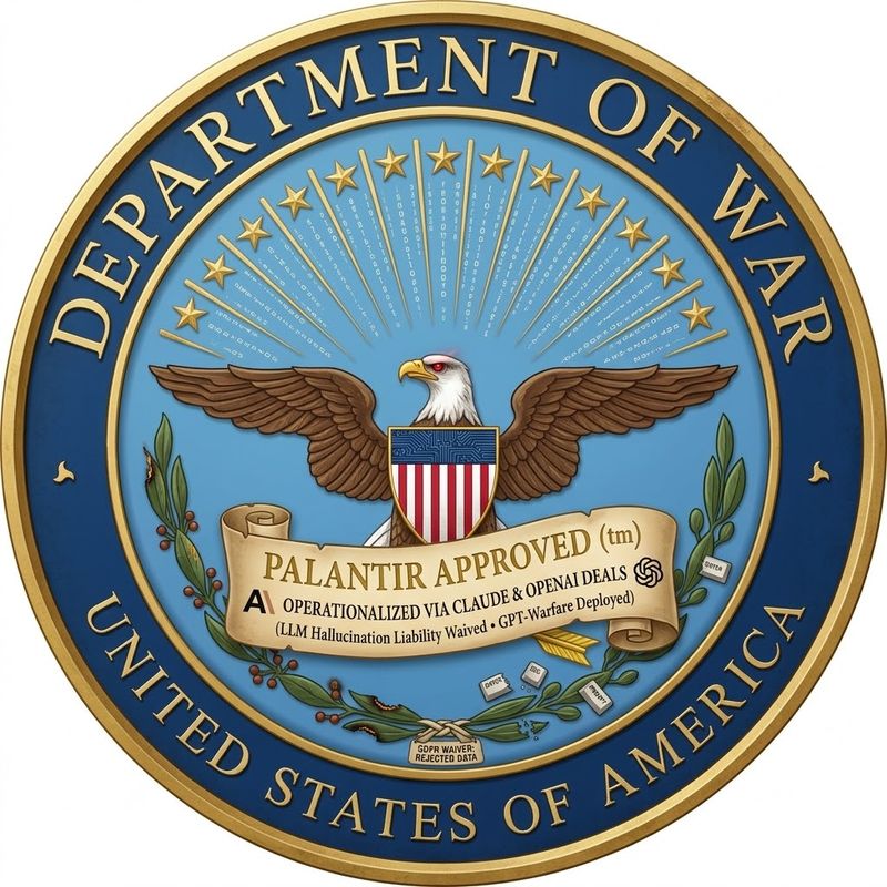 Satirical US Department of War seal criticizing military use of generative AI. The design features a cybernetic bald eagle with glowing red eyes, a circuit board shield, and binary code sun rays. A central banner reads Palantir Approved, Operationalized via Claude and OpenAI Deals, and LLM Hallucination Liability Waived, mocking defense tech contracts.