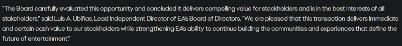 Image of text quoting Luis A. Ubiñas, EA's Lead Independent Director, stating the board concluded the $55 billion acquisition delivers value to stockholders and strengthens the company.