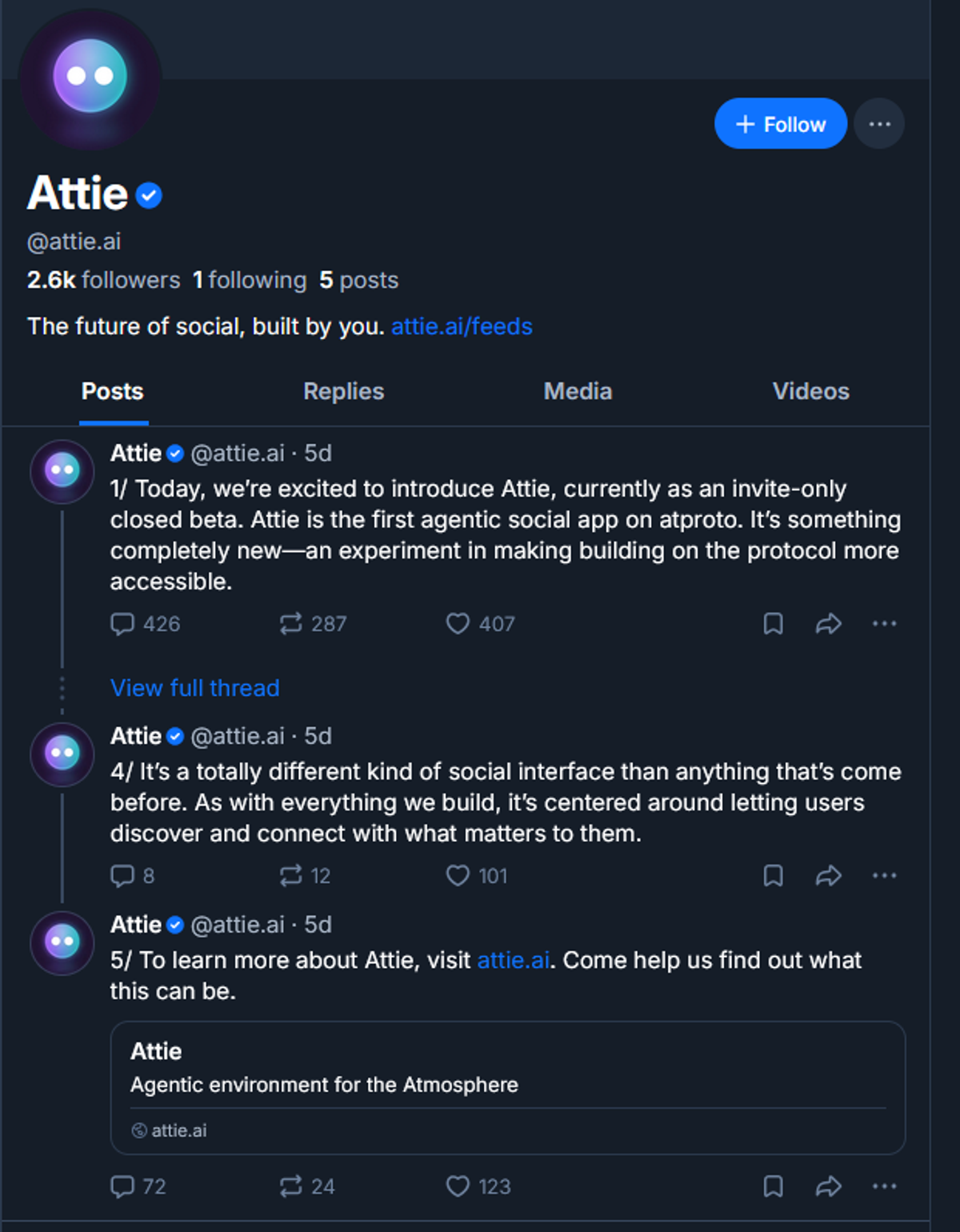 Screenshot of the official Bluesky Attie announcement thread from the @attie.ai account, detailing the launch of their new agentic social app on the AT Protocol.