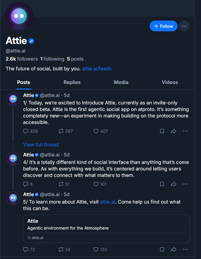 Screenshot of the official Bluesky Attie announcement thread from the @attie.ai account, detailing the launch of their new agentic social app on the AT Protocol.