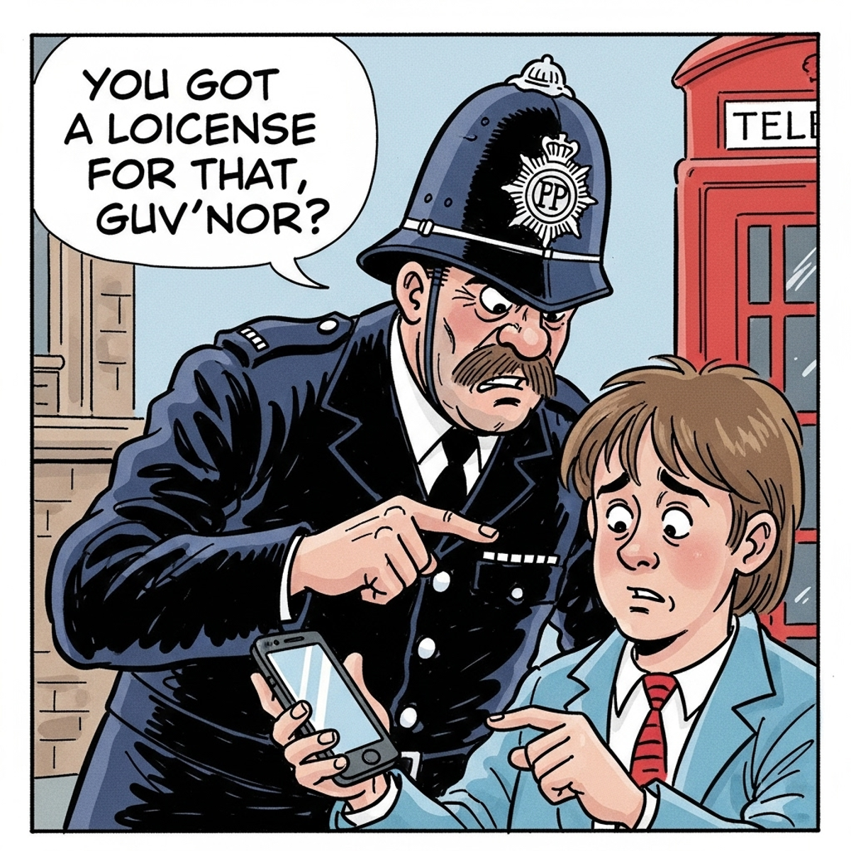 A political cartoon satirizing the UK Online Safety Act. A stereotypical British policeman aggressively asks, 'You got a loicense for that, guv'nor?' while pointing at a nervous young man's smartphone, criticizing the new era of internet censorship and ID verification in the UK.