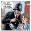 A political cartoon satirizing the UK Online Safety Act. A stereotypical British policeman aggressively asks, 'You got a loicense for that, guv'nor?' while pointing at a nervous young man's smartphone, criticizing the new era of internet censorship and ID verification in the UK.