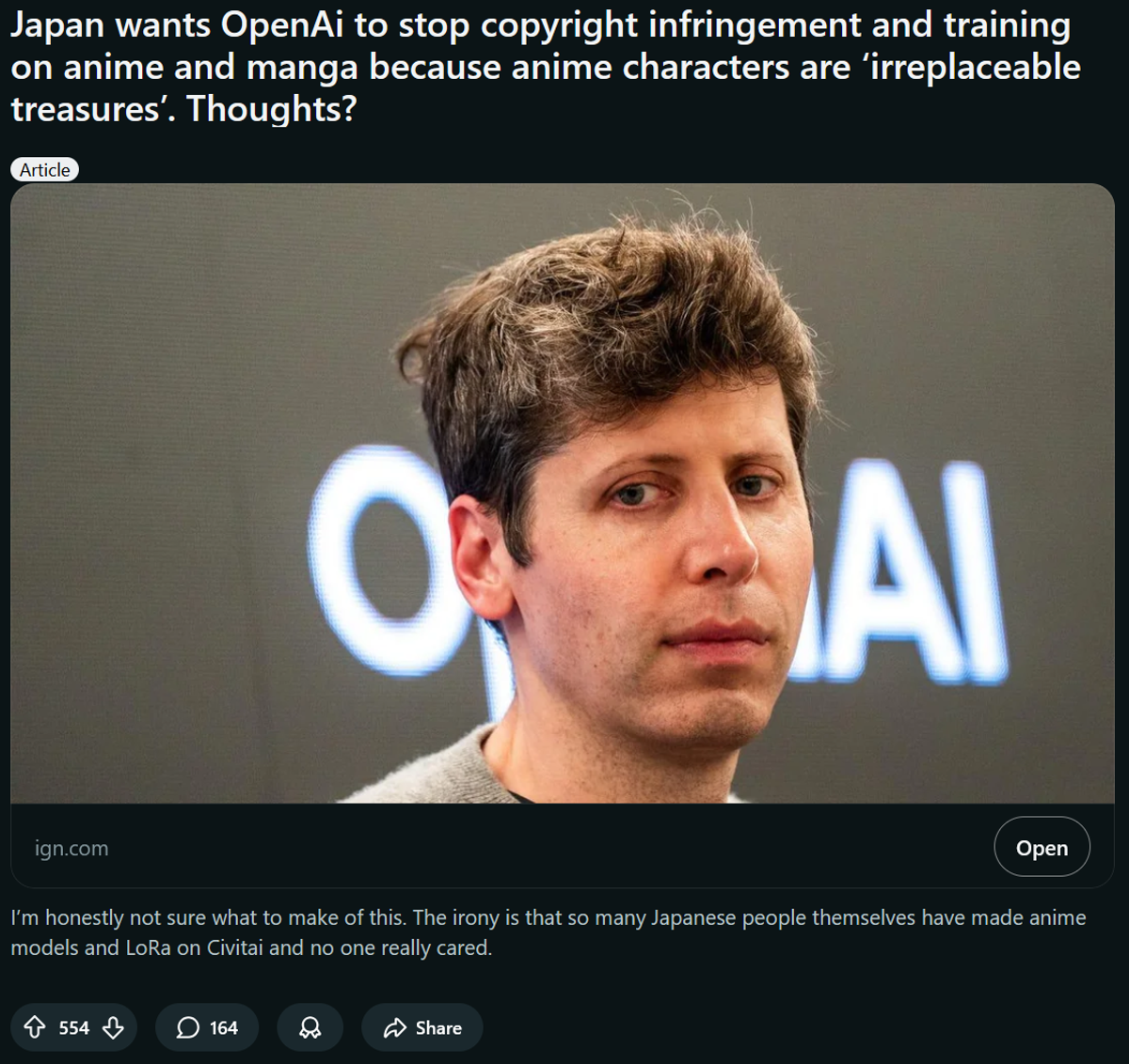 Screenshot of a Reddit post featuring an image of OpenAI CEO Sam Altman. The post's title discusses Japan's demand for OpenAI to stop using anime and manga for AI training due to copyright infringement.
