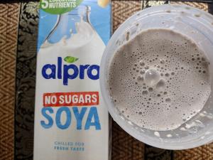 A taste test preparation of Jimmy Joy Plenny Shake using a plant-based, sugar-free soya milk to review its flavour and consistency.