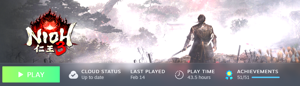 Steam library screenshot showing Nioh 3 100 percent completion with all 51 achievements unlocked in 43.5 hours of playtime.
