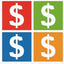Parody of the Microsoft logo featuring four colored squares—red, green, blue, and orange, each containing a white dollar sign to symbolize corporate greed.
