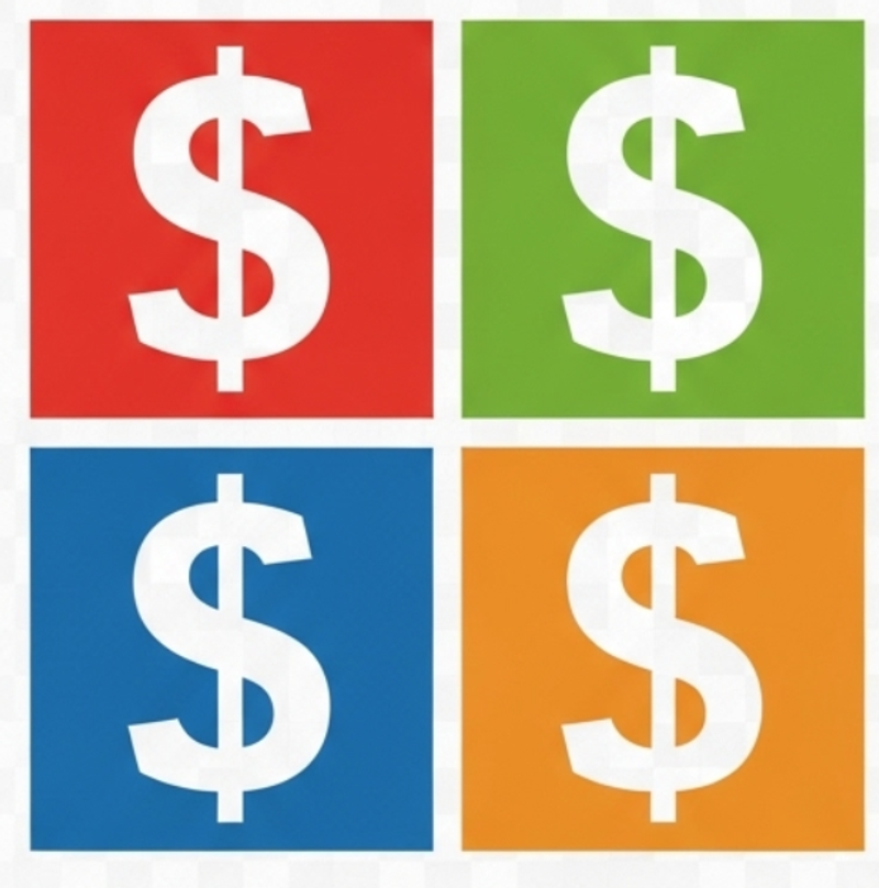 Parody of the Microsoft logo featuring four colored squares—red, green, blue, and orange, each containing a white dollar sign to symbolize corporate greed.