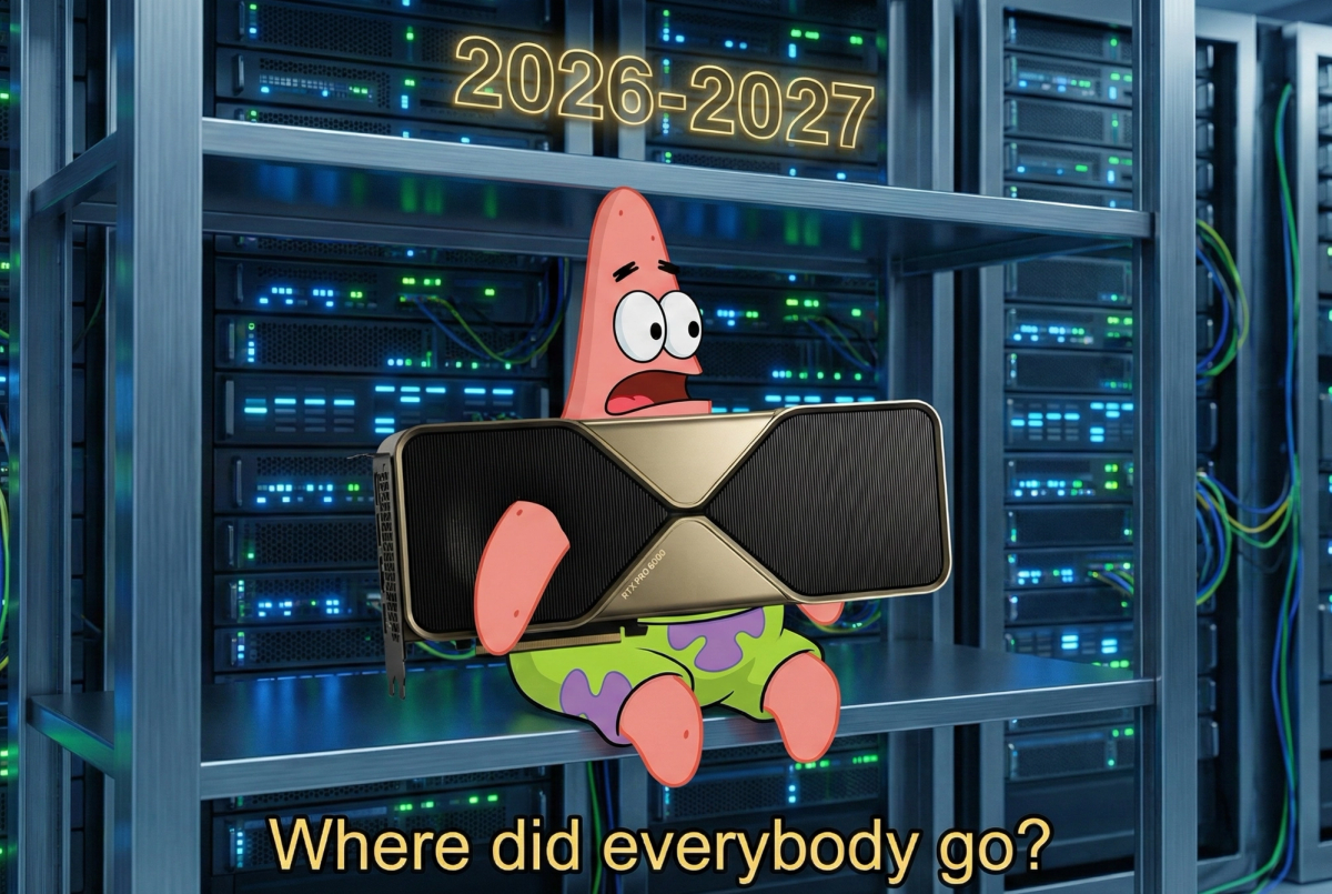 Meme of Patrick Star sitting alone in a server rack holding a massive Nvidia GPU with text 2026-2027 Where did everybody go, representing the Nvidia AI bubble burst and customers leaving for Google chips.
