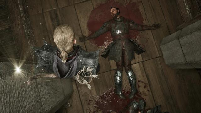Bugged Gothic 1 Remake scene showing a blood-covered guard frozen against a wooden wall while body parts and character animations glitch around him.