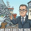 Satirical cartoon depicting the 2025 mackerel crisis. A politician holds a meaningless 'Sustainable Mackerel Fishing' sign outside Overfishing Inc, while a massive net catches all the fish. Caption: We don't do that here.