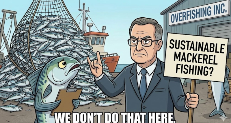 Satirical cartoon depicting the 2025 mackerel crisis. A politician holds a meaningless 'Sustainable Mackerel Fishing' sign outside Overfishing Inc, while a massive net catches all the fish. Caption: We don't do that here.