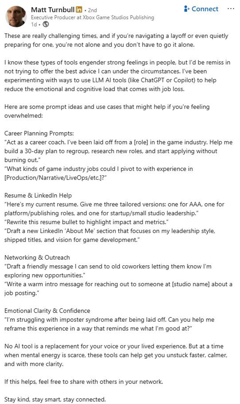 Screenshot of the LinkedIn post by Microsoft exec Matt Turnbull advising laid-off employees to use AI to 'reflect' and 'reinvent' themselves after the massive Xbox and tech layoffs.