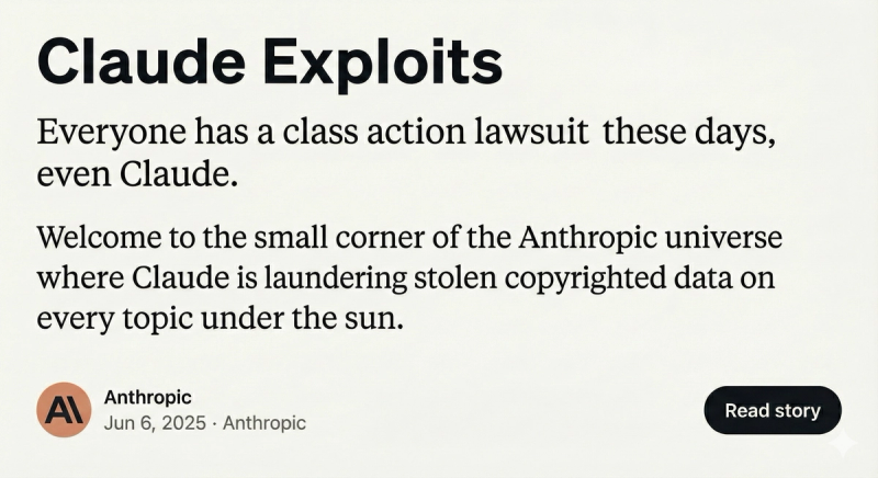 A satirical parody of the Anthropic "Claude Explains" blog header. The title has been edited to read "Claude Exploits," with the subtitle: "Everyone has a class action lawsuit these days, even Claude." The body text mocks Anthropic's data theft, stating Claude is "laundering stolen copyrighted data on every topic under the sun."