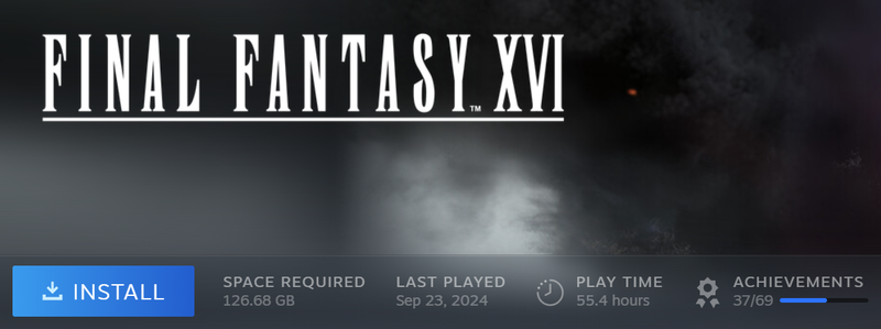 The Final Fantasy 16 game page on the Steam PC client. Stats show a play time of 55.4 hours and 37 out of 69 achievements unlocked, representing the user's complete playthrough discussed in the article.