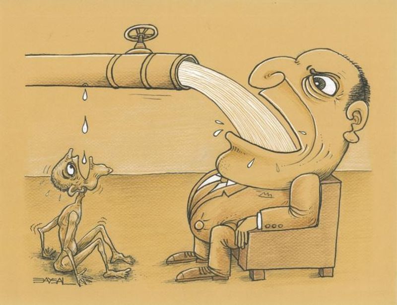 Satirical illustration of a greedy corporate figure draining a water pipe, symbolising tech giants and data centres consuming public resources like water and electricity at the expense of the average resident.