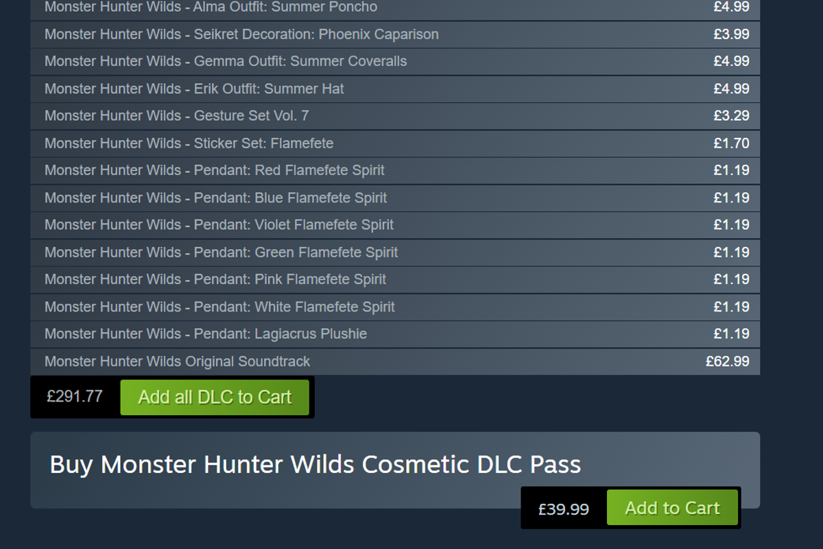 The total price for all Monster Hunter Wilds microtransactions on Steam, listed at £291.77. This image details the controversial DLC pricing, including the costly soundtrack, central to discussions about Capcom's monetization strategy