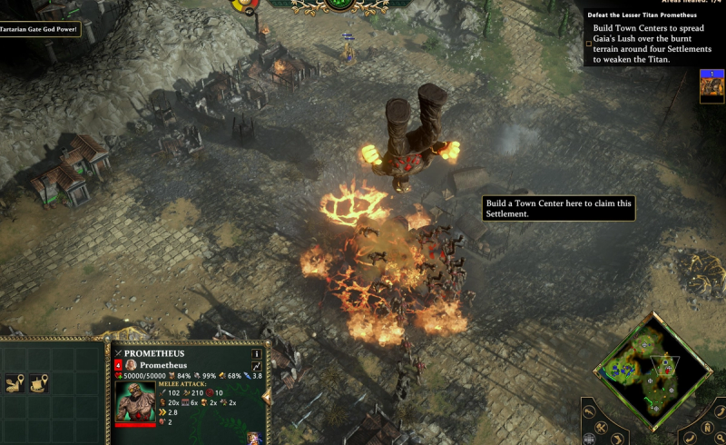 Screenshot from Age of Mythology: Retold showing the Prometheus Titan falling headfirst and exploding onto an army. The Tartarian Gate God Power has been used to crash the Titan into a settlement.