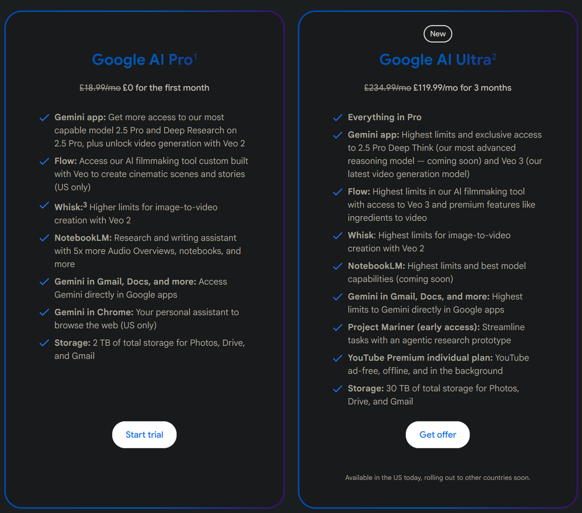 Comparison of Google AI Pro (£18.99/mo) and Google AI Ultra (£234.99/mo) subscription plans. Lists features including Gemini app access (2.5 Pro, Veo 2 for Pro; Deep Think, Veo 3 for Ultra), Flow, Whisk, NotebookLM, storage (2TB for Pro, 30TB for Ultra), and YouTube Premium included with Ultra.