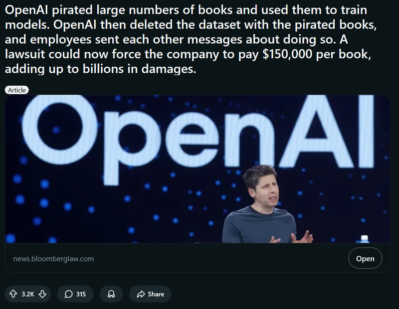 A news article headline stating "OpenAI pirated large numbers of books and used them to train models," overlayed on an image of OpenAI CEO Sam Altman speaking on stage. The text details the lawsuit and potential damages of $150,000 per book.