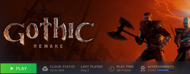 Steam library screenshot for Gothic 1 Remake showing 36.4 hours played, achievements progress and the game marked as up to date.