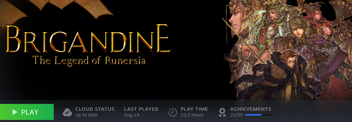 Brigandine: The Legend of Runersia Steam library page showing the game's illustrated character artwork and 13.5 hours of playtime.