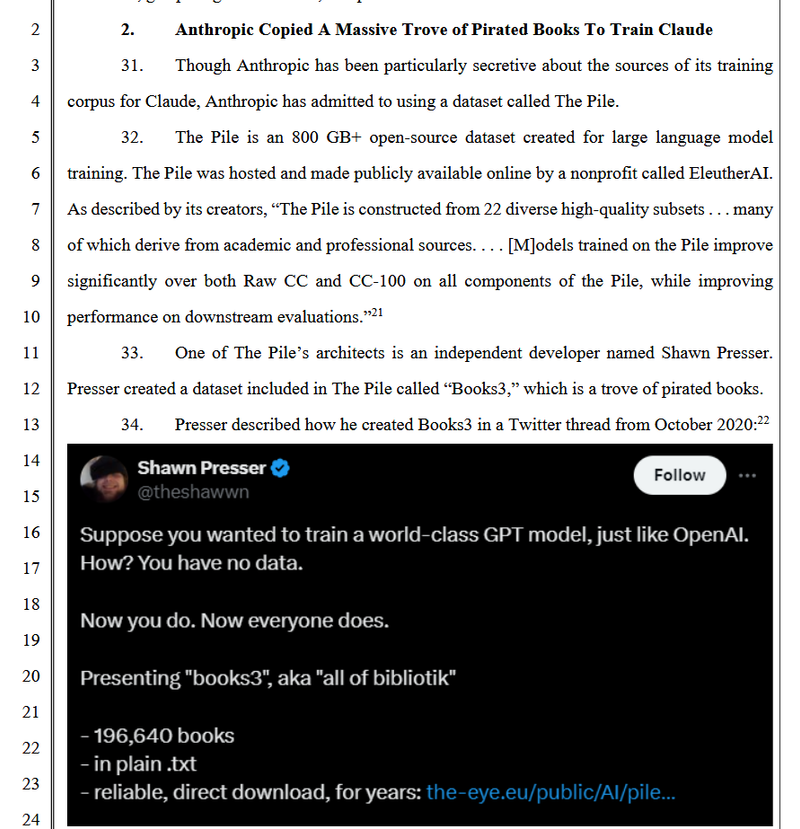Page from the Anthropic copyright lawsuit filing detailing how pirated books from 'The Pile' and the 'Books3' dataset were used to train the Claude LLM.