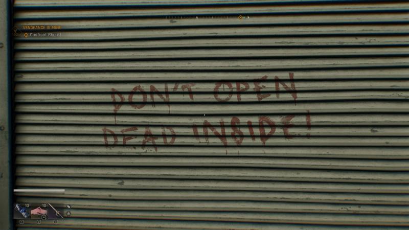 A screenshot from a Dying Light: The Beast review. A shutter door features a clumsy reference to The Walking Dead's "Don't Dead Open Inside" meme, highlighting the game's low-effort writing and lack of creativity.