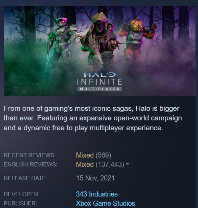 Steam poster of Halo Infinite multiplayer page, the now ceased development and in maint mode Halo live service game.