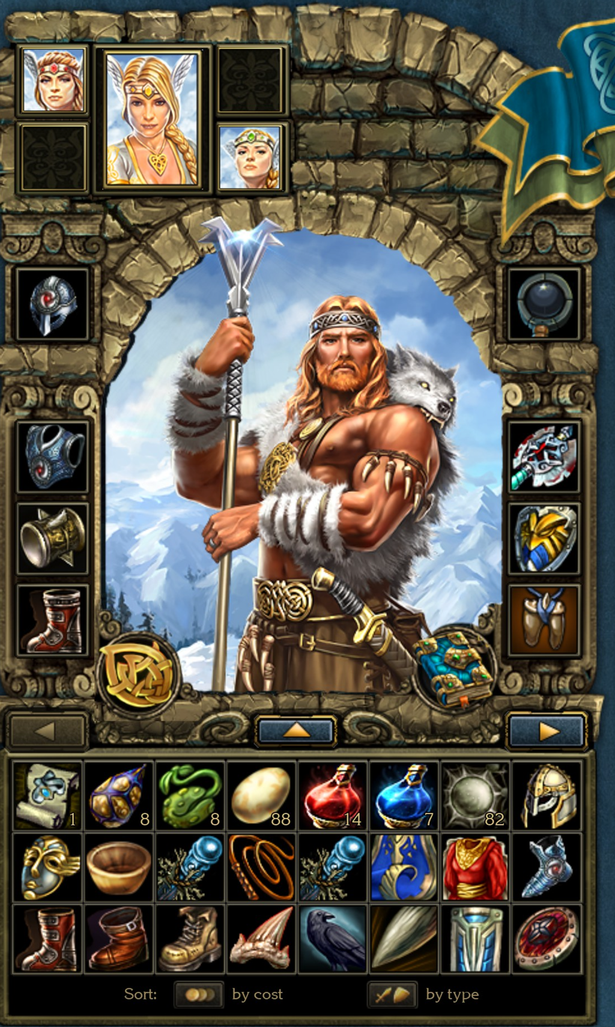 Screenshot of the character screen from King's Bounty: Warriors of the North. It shows the Viking hero Olaf and, at the top, the portraits of the three Valkyries recruited by the player, a core feature of the game.