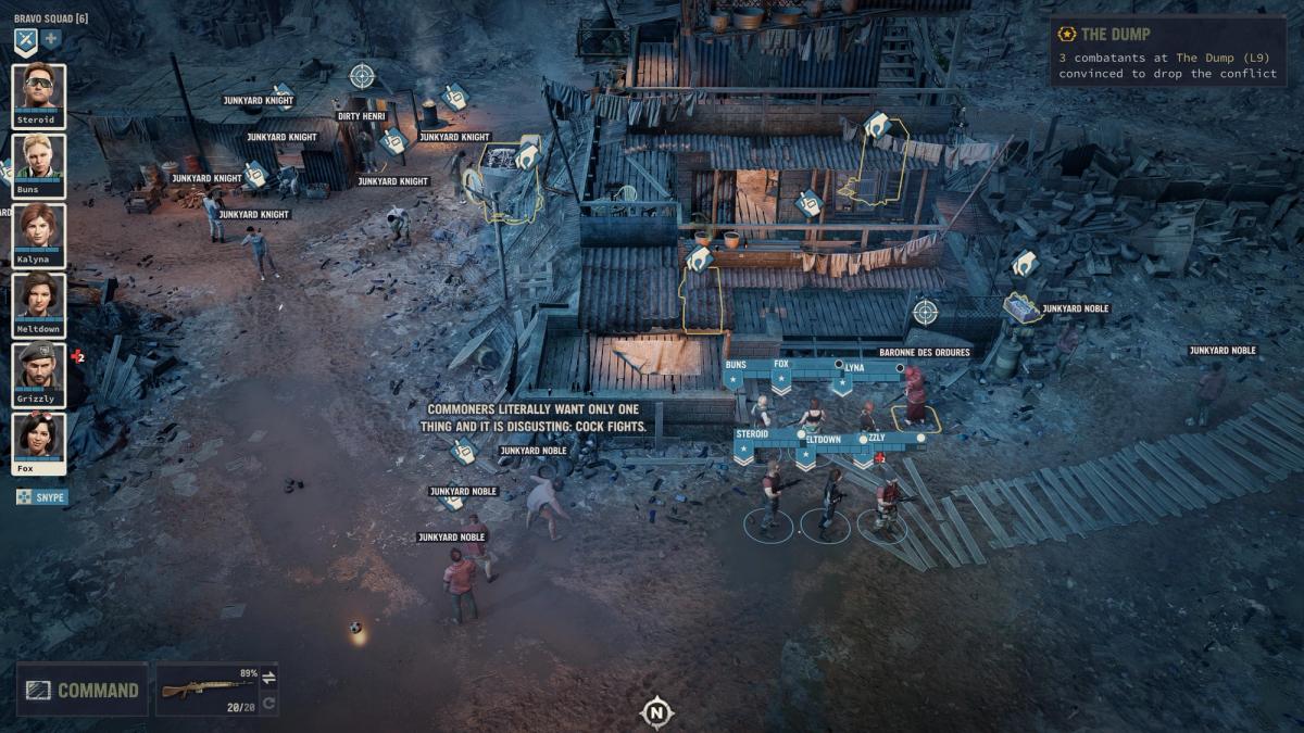 Jagged Alliance 3 tactical gameplay at The Dump, with Fox and Steroid in the squad as mercenaries interact with Junkyard NPCs.