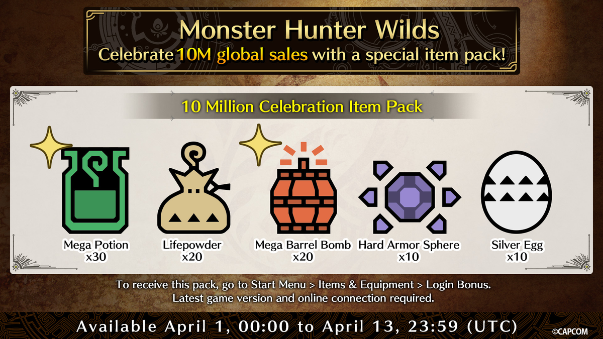 Capcom's Monster Hunter Wilds "achievement unlocked" graphic, proudly boasting "Over 10 Million Units Sold Worldwide!" a figure they'd later conveniently forget while blaming the PS5 for poor sales. Irony, delivered.