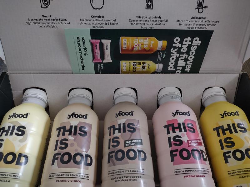 Five 500ml bottles of yfood meal replacements lined up in a taster pack. The flavours are Vanilla, Classic Choco, Cold Brew Coffee, Fresh Berry, and Happy Banana.