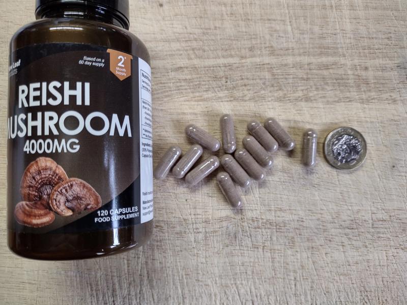 A bottle of New Leaf Reishi, a top-tier UK mushroom supplement with specified beta-glucans, showing its capsules and a coin for scale.